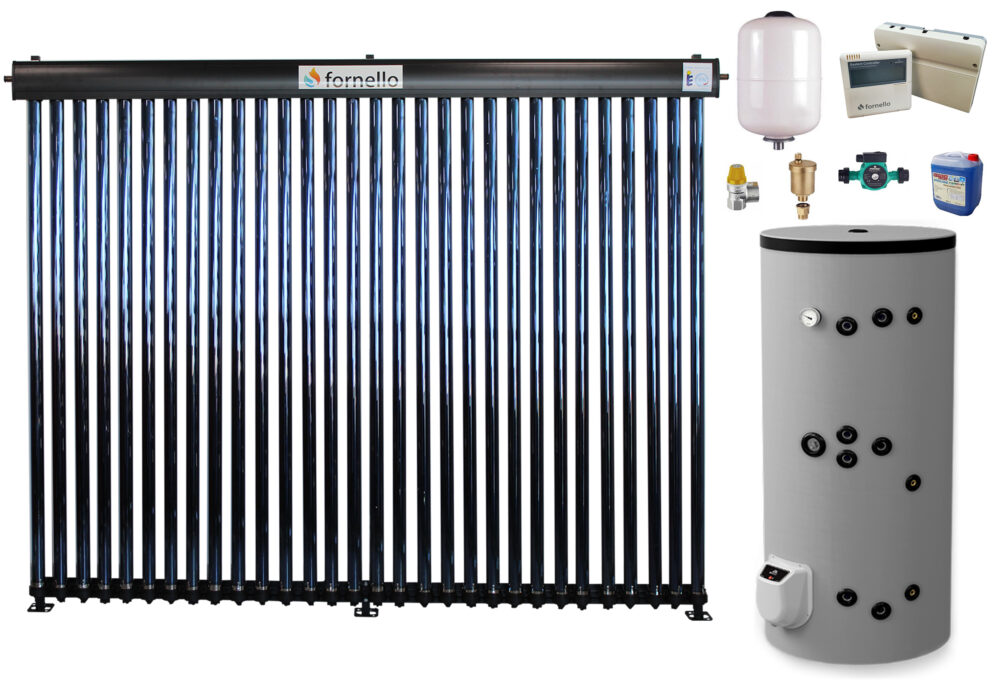 Sistem solar presurizat, panou Fornello 30 Tuburi Heat Pipe, boiler cu 2 serpentine si rezistenta electrica Eldom 300 litri cu montaj pe sol, pompa 25-60, controller, vas expansiune, antigel, supapa 1/2, aerisitor 1/2