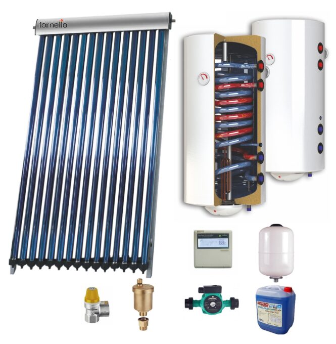 Sistem solar presurizat , panou Sunsystem VTC 20,  boiler cu 2 serpentine si rezistenta electrica Sunsystem 150 litri, pompa 25-60, controller, vas expansiune, antigel, supapa 1/2, aerisitor 1/2