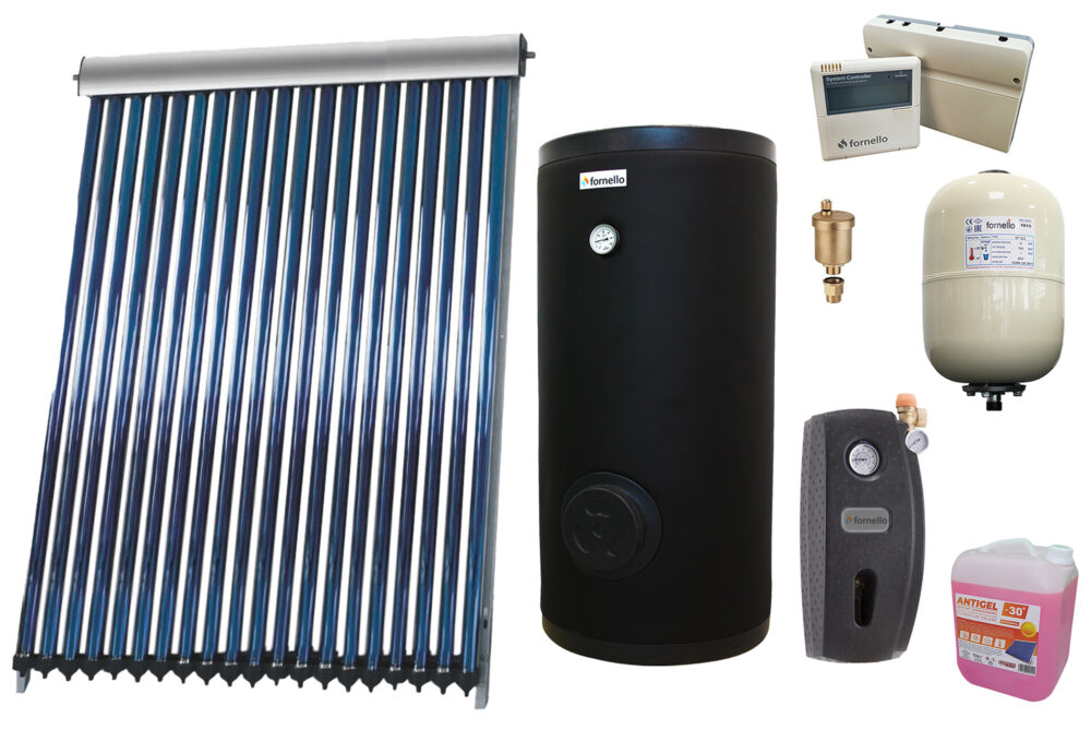 Sistem solar presurizat , panou Sunsystem VTC 20 tuburi, Boiler cu 2 serpentine Fornello SOL 150 litri, controller, vas expansiune, grup pompare, aerisitor 1/2, antigel