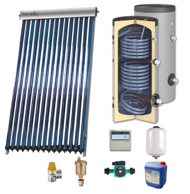 Sistem solar presurizat , panou Sunsystem VTC 30 tuburi, boiler cu 2 serpentine Sunsystem SON 300 litri, pompa 25-60, controller, vas expansiune, antigel, supapa 1/2, aerisitor 1/2