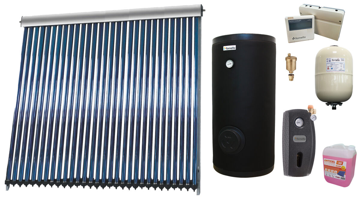 SSistem solar presurizat , panou Sunsystem VTC 30 tuburi, Boiler cu 2 serpentine Fornello SOL 200 litri, controller, vas expansiune, grup pompare, aerisitor 1/2, antigel