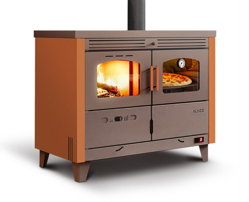 Termoșemineu pe combustibil solid (lemn/brichete/cărbune), Fornello Alazzi 25 kW, plită din fontă, cuptor iluminat si pompă de circulație, pentru încălzire și gătit, până la 150 mp