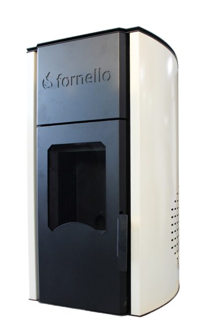 Termosemineu centrala pe peleti Fornello Royal 30 kw, complet echipat cu pompa de circulatie, vas expansiune , supapa de siguranta, buncar de peleti 30 kg, automatizare, culoare crem, pana la 200 mp