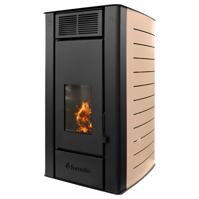 Termosemineu centrala pe peleti Fornello SERENA W25, 25 kw, complet echipat cu pompa de circulatie, vas de expansiune, supapa siguranta, telecomanda, culoare Ivory, arzator peleti din fonta, pentru suprafete pana la 150 mp