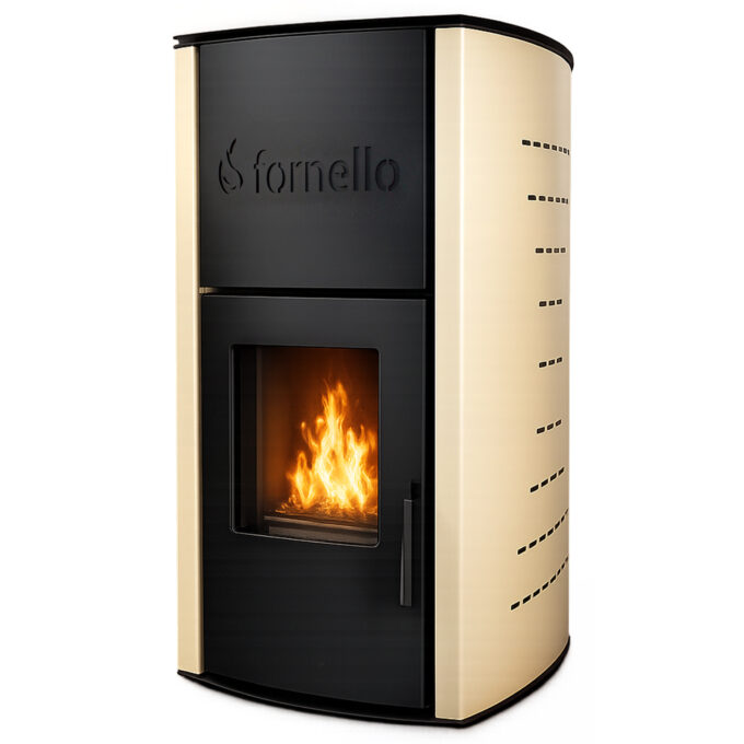 Termosemineu  centrala peleti Fornello Michelle  12 KW, complet echipat pentru  incalzire, pompa, vas  expansiune, automatizare, telecomanda, buncar  tiraj fortat, aprindere automata