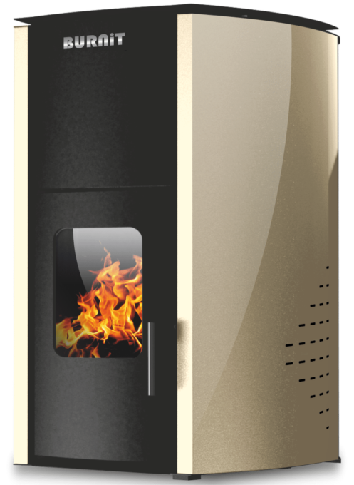 Termosemineu pe peleti Burnit Comfort 18 kw, complet echipat pentru incalzire, pompa, vas expansiune, automatizare, buncar peleti 15 kg,  tiraj fortat, culoare Crem, aprindere automata, pana la 120 mp