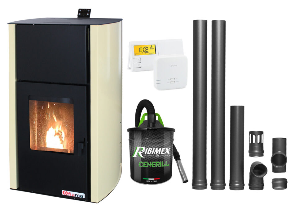 Pachet Termosemineu pe peleti Fornello Fiama Confort 30 kW, cu pompa, vas expansiune, automatizare, termostat, aspirator, kit evacuare 2.5 ml, buncar 35 kg, tiraj fortat, culoare crem, pana la 200 mp