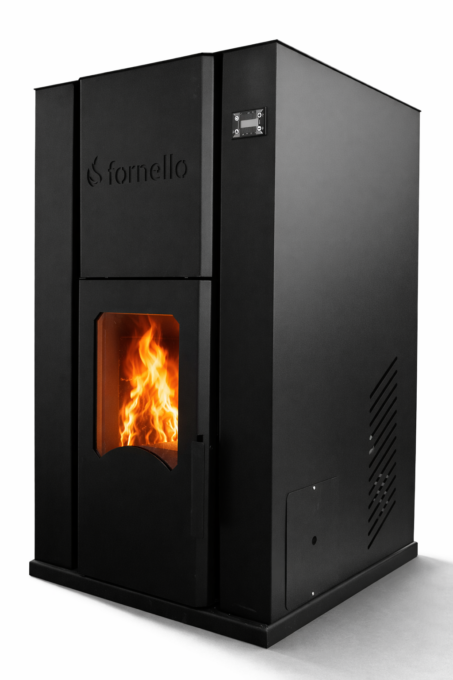 Termosemineu pe peleti Fornello Pellet King 35 kw complet echipata pentru incalzire, pompa , vas de expansiune ,supapa de siguranta, automatizare , tiraj fortat, buncar peleti 80 litri, aprindere automata, Clasa energetica A+