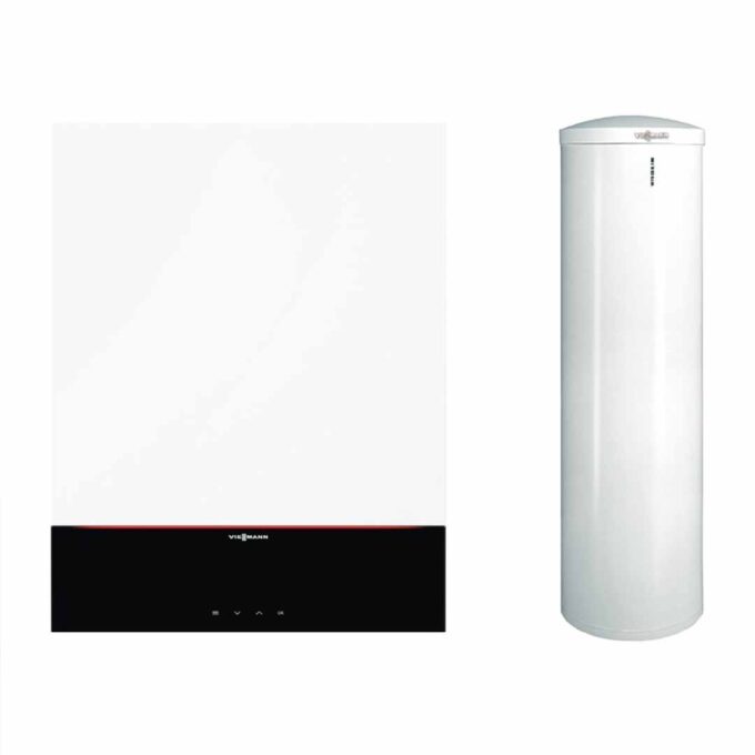 Pachet centrala termica in condensatie Viessmann Vitodens 100-W B1HF 25 kW cu boiler bivalent Vitocell 300 litri, kit de evacuare inclus 1 Pachet centrala termica in condensatie Viessmann Vitodens 100-W B1HF 25 kW cu boiler bivalent Vitocell 300 litri, kit de evacuare inclus