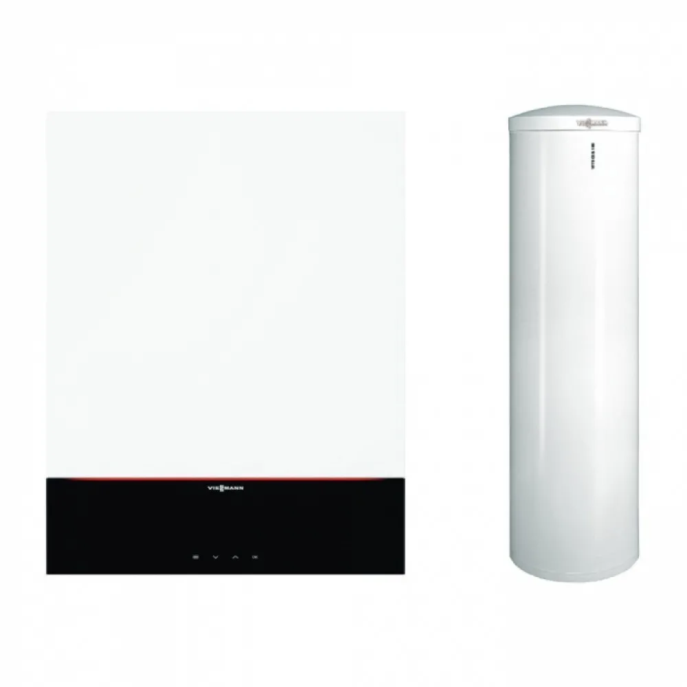 Pachet centrala termica cu afisaj digital color 7"" Viessmann Vitodens 200-W 25 kW cu boiler bivalent Vitocell 300 litri, kit de evacuare inclus 1 Pachet centrala termica cu afisaj digital color 7"" Viessmann Vitodens 200-W 25 kW cu boiler bivalent Vitocell 300 litri, kit de evacuare inclus
